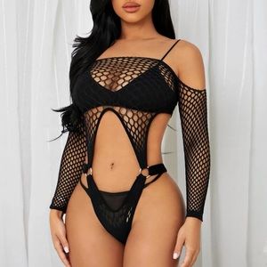 Ring Linked Fishnet Teddy Bodysuit Without Lingerie